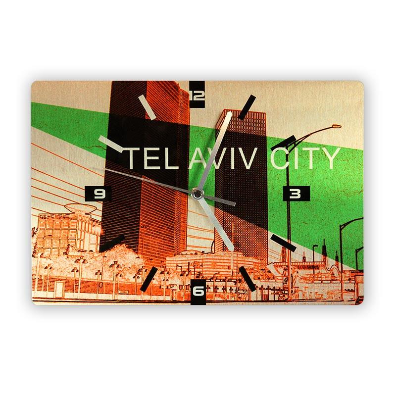 שעון קיר מעוצב - תל אביב סיטי חום ירוק - אופק ורטמן מתנות ישראליות מקוריות