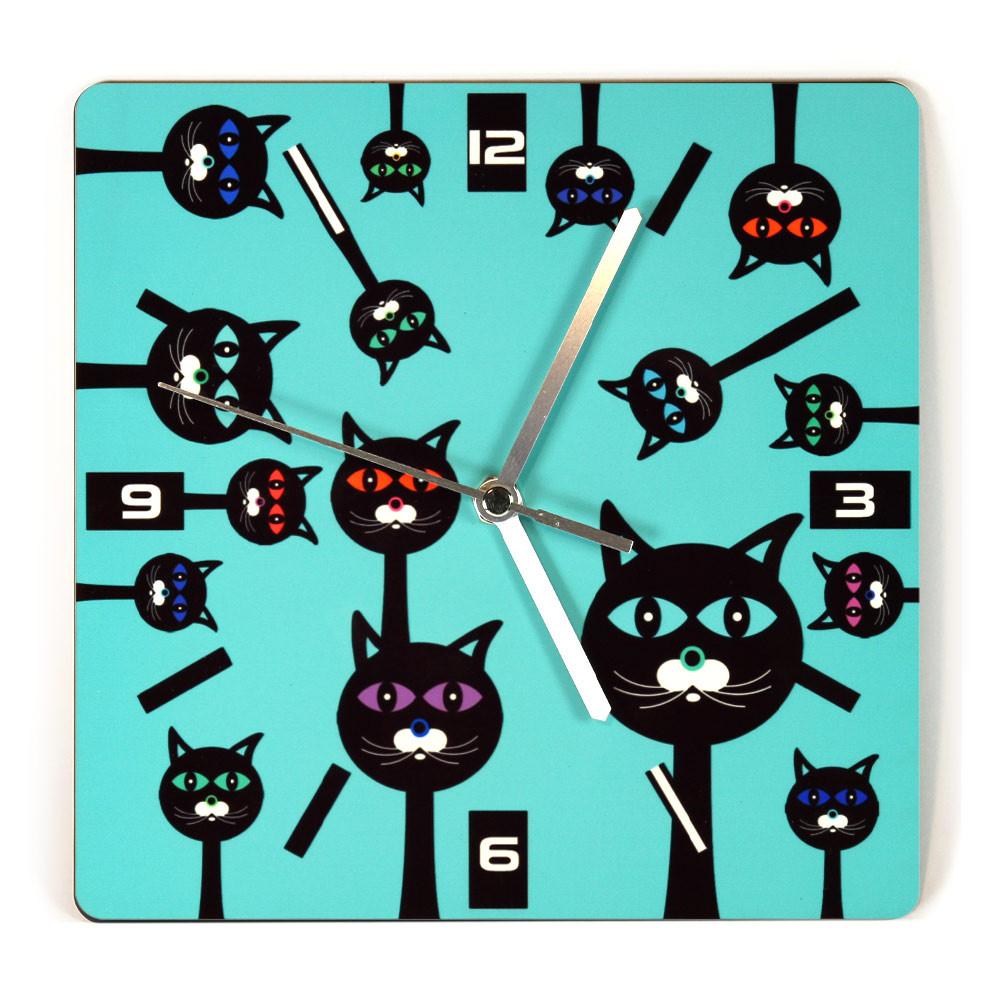 שעון קיר מעץ - חתולים רקע טורקיז - אופק ורטמן 